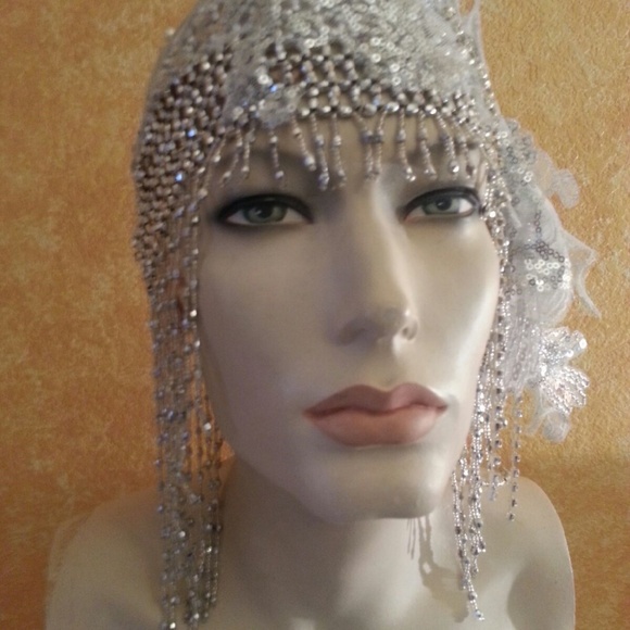 Silver Gatsby Fringe Bead Lace Crystal Headpiece main image 7